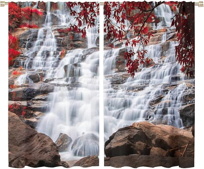 Waterfall Blackout Windows Curtains, Waterfall Red Forest Pattern Nature View Curtains, for Living Room Bedroom 72x63in 2 Panels