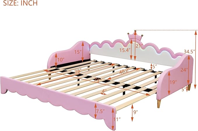 Merax Twin Size Upholstered Princess Bed Frame with Crown Headboard and Light Strips, Space-Saving Extending Daybed Pull Out Sofa Bed for Girls Teens Kids Bedroom, No Box Spring Needed, Pink