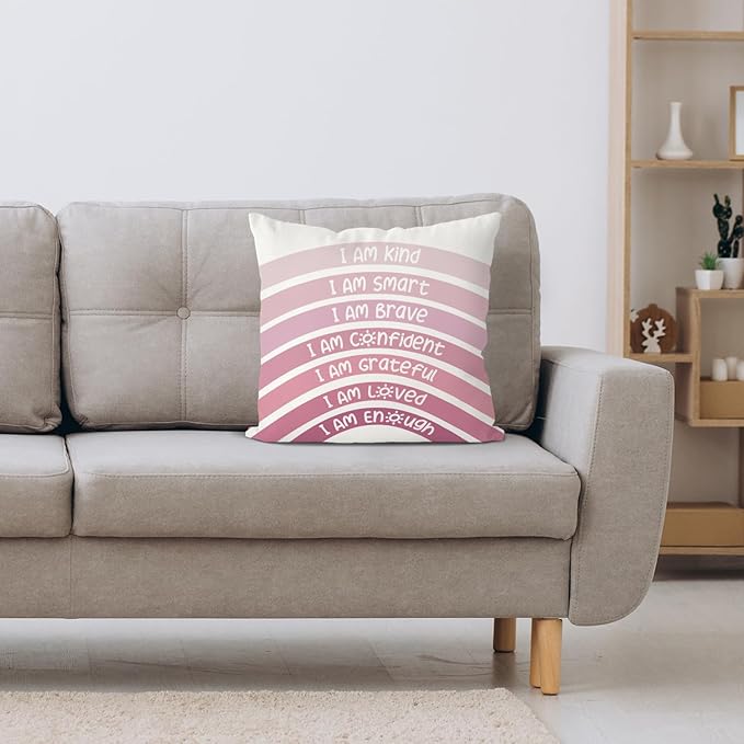 QIYUHOY Boho Rainbow Classroom Throw Pillow Covers, Book Center Calming Corner Playroom Decor Pillow Case, Pink Pillow Cover, I Am Kind Smart Brave Confidence 24x24 Inch Pillowcase(Pink)