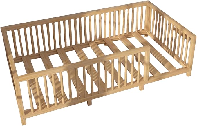 Montessori Floor Bed with Slats for Toddler 54.3'' x 75.2'' Full Size | Pine Wood Natural Solid Frame Bed | Sturdy Design Floor Bed Frame for Boy and Girls (Full, Height : 19 Inches)