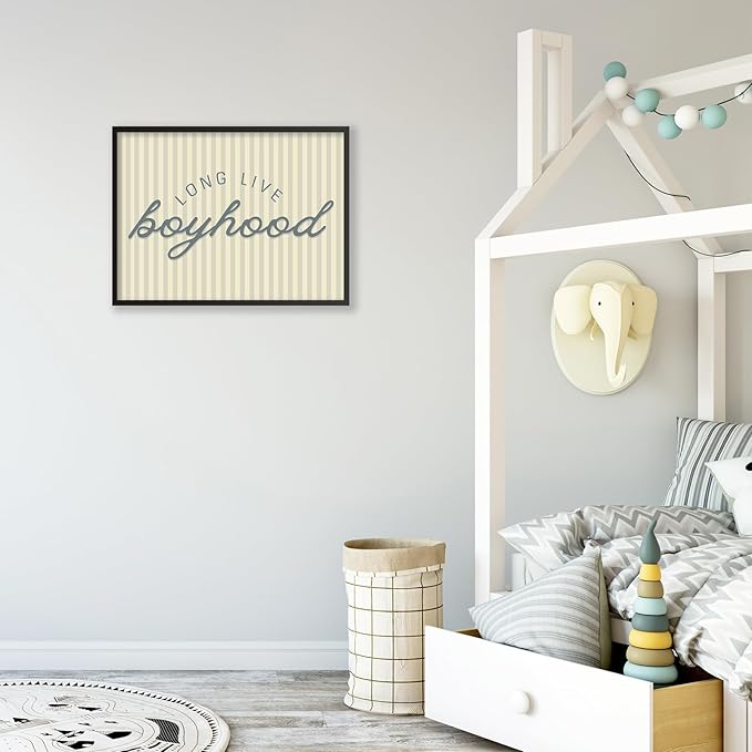 Long Live Boyhood Quote Wall Art Preppy Blue Stripe Poster 12x16 inch Black Framed Modern Fashion Minimalist Canvas Prints for Boy Nursery Bedroom Wall Decor