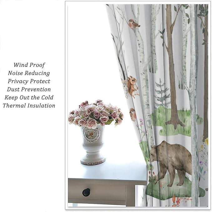 YCness Woodland Animals Curtains, Wild Animals Watercolor Forest Bear Deer Fox Rabbit Floral Nature Window Treatments for Bedroom Kitchen Nursery Living Room Drapes, 63x63 Inch