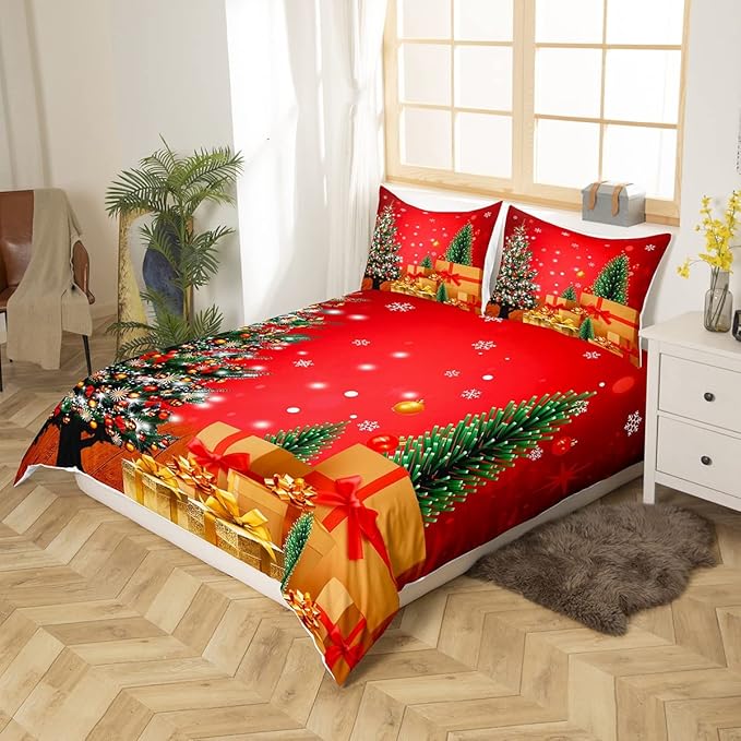 Feelyou Christmas Bedding Duvet Cover Set Kids Christmas Tree Bedding Set Boys Girls Snowflake Gift Boxes Decor Comforter Cover Set Microfiber Xmas Theme Bedspread Cover Bedroom Bedclothes Twin Size