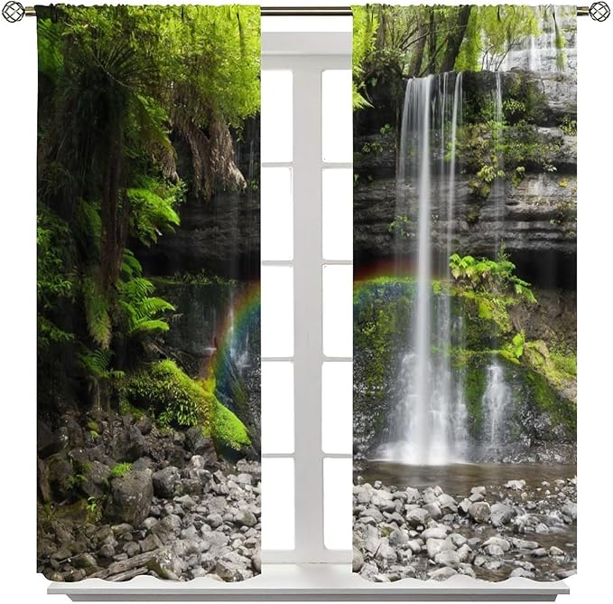 Natural Landscape Waterfall Blackout Curtains, Forest Falls Spring Natural Scenery Green Plant Tree Leaf Rod Pocket Window Drapes, for Bedroom Living Room 55" W X 63" L