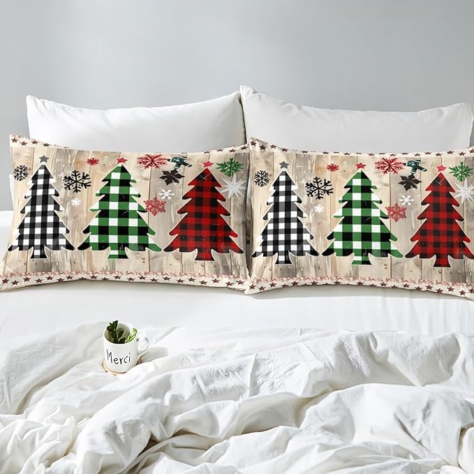 Manfei Xmas Plaid Trees Duvet Cover Set Queen Size, Western Texas Star Bedding Set 3pcs for Kids Boys Girls, Christmas Theme Comforter Cover Wooden Plank Quilt Cover with 2 Pillowcases,No Comforter