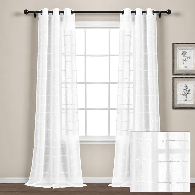 Lush Decor Farmhouse Textured Grommet Sheer Window Curtain Panel Pair, 38"W x 120"L, Bleach White