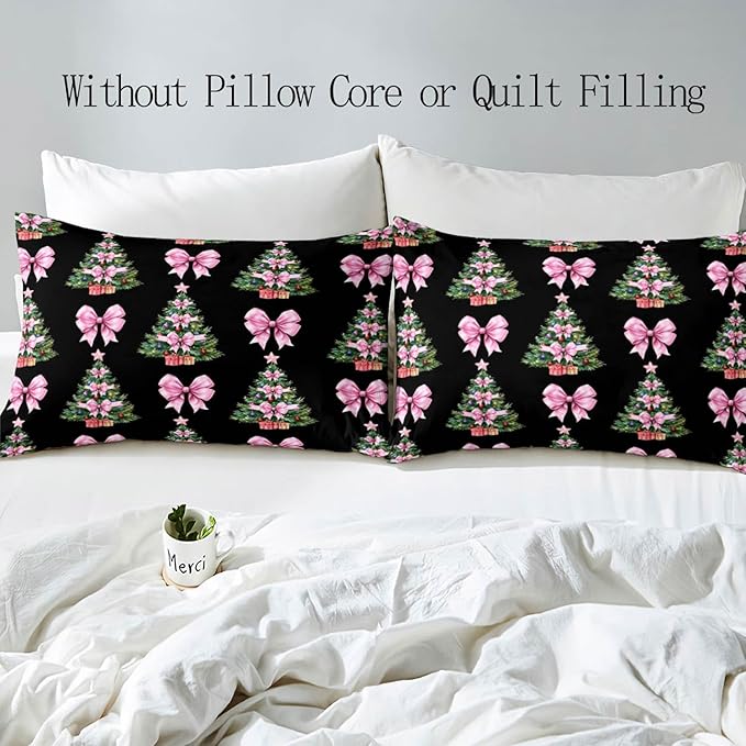 LUVIVIHOME 3PCS Christmas Tree Pink Bow Duvet Cover Full Bedding Set, Teen Girl Bedding, Black Duvet Cover, Bowknot Xmas Tree Winter Holiday Festival Coquette Christmas Comforter Cover, 2 Pillow Cases
