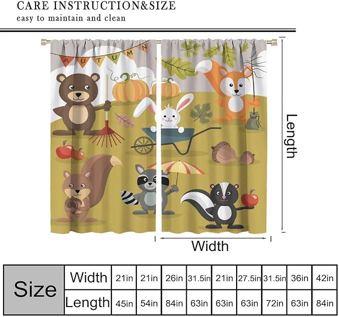 Cartoon Curtains, Jungle Animals Autumn Fun Pattern Blackout Window Treatments, Rod Pocket Thermal Insulated Drapes 2 Panel Sets for Children Boys Bedroom Nursery Classroom, 63" W X 72" L