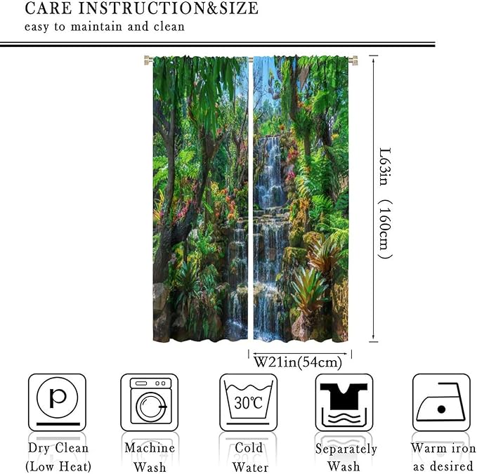 Waterfall Blackout Window Curtains, Spring Forest Nature Landscape Theme Pattern Print Window Drapes, for Living Room Bedroom 42x63in 2 Panels