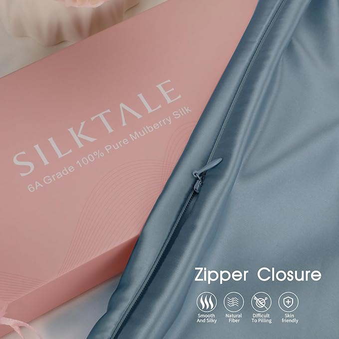 100% Mulberry Silk Pillowcase with Hidden Zipper,Both Sides Pure Silk Breathable Pillow Case for Hair and Skin,19 Momme Grade 6A,1pc,Ash Blue,Queen Size 20x30 Inches