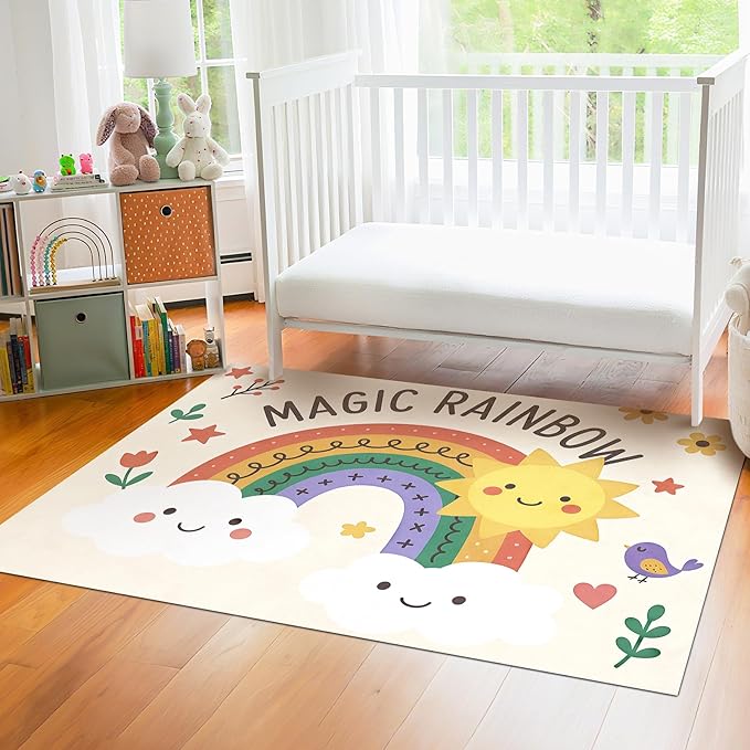 Rainbow Sun Pattern Soft Girls Area Rug for Kids Room Washable Artificial Wool Bedroom Living Room, Funny Carpet Non-Slip Outdoor Indoor Floor Carpet Home Decor, 2'x3'