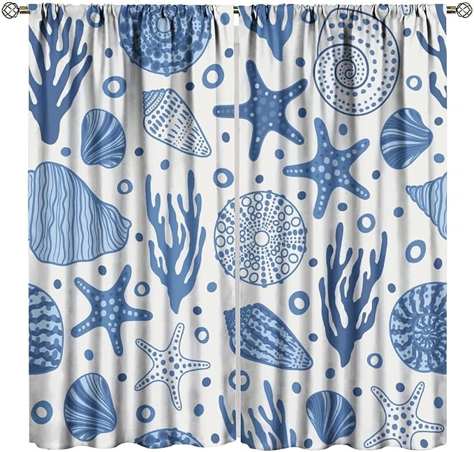Coastal Nautical Curtains,Coral Starfish Seashell Beach Sea Starfish Seashell Theme Pattern Blackout Print Bedroom Living Room Window Treatmen 8 Panel Set 52x84 Inch