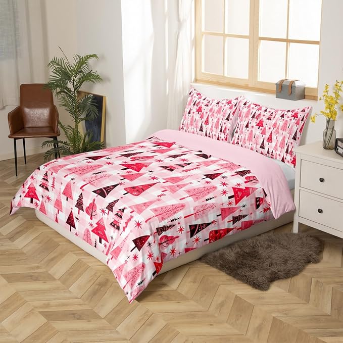 Manfei Cartoon Tree Duvet Cover Set Twin Size, Christmas Theme Bedding Set 2pcs for Kids Girls Adults, New Year Pink Plaid Comforter Cover Soft Polyester Quilt Cover with 1 Pillowcase,No Comforter