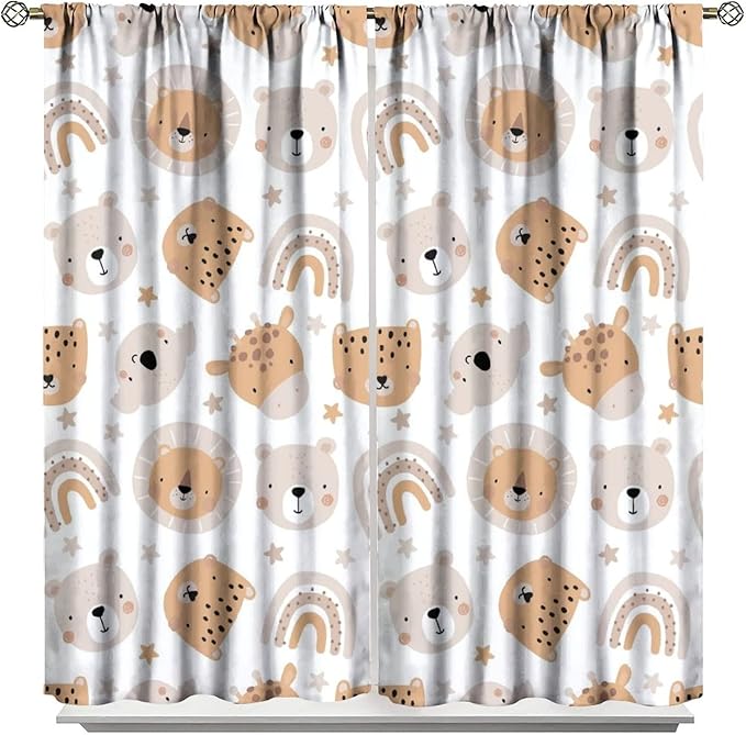 Cartoon Boho Animal Curtains,Funny Forest Safari Print,Cute African Wildlife Koala Giraffe Lion Leopard Bear Rainbow Blackout Window Drapes for Boys Girls Kids Baby Child Bedroom 42x54 Inch