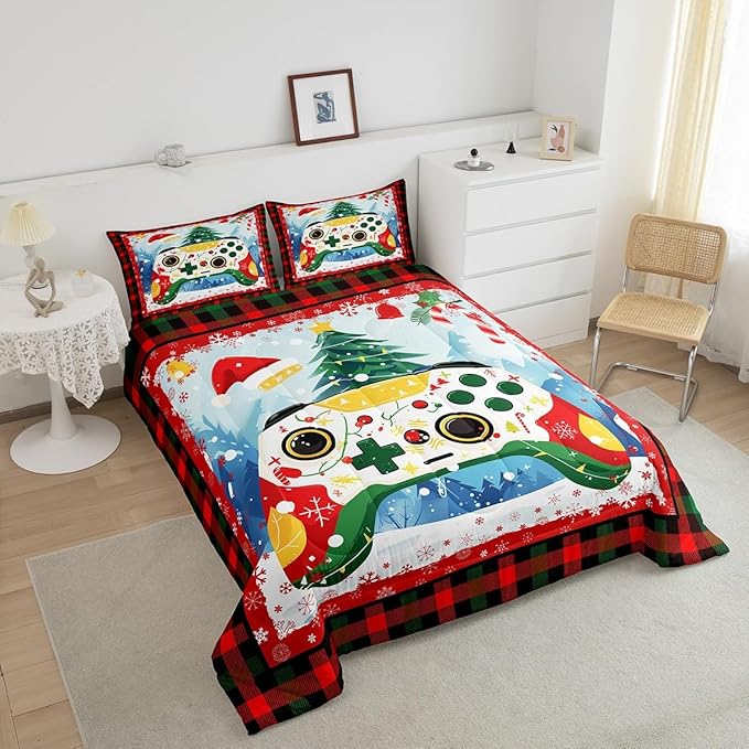 Gamer Gaming Comforter Set Twin Size,Christmas Tree Snowflake Bedding Set for Kids Boys Girls Room Decor,Video Games Christmas Theme Quilt Set 2Pcs,Red Green Plaid Xmas Duvet Insert,1 Pillowcase