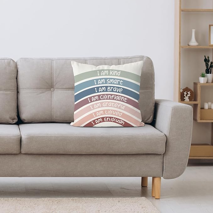 QIYUHOY Boho Rainbow Classroom Throw Pillow Covers, Book Center Calming Corner Playroom Decor Pillow Case, Rrimson Pillow Cover, I Am Kind Smart Brave Confidence 22x22 Inch Pillowcase(Crimson)