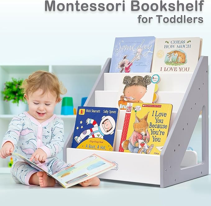 FUNLIO Montessori Bookshelf for Toddlers 1-5 Years, Front-Facing Kids Bookcase with Handle & Anti-Tilting Device, Premium Pine Baby Bookshelf, Children's Bookcase for Nursery/Classroom - Grey & White