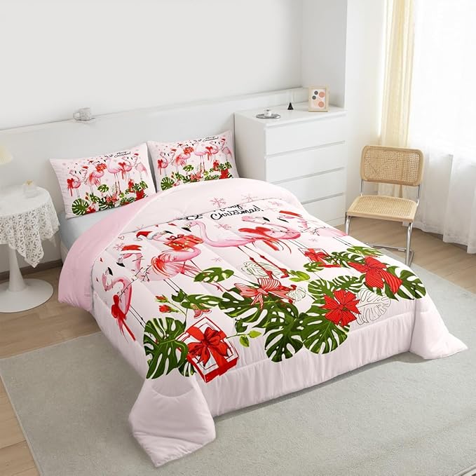 Merry Christmas Comforter Set Twin Size,Pink Flamingo Cartoon Bird Animal Bedding Set for Kids Boys Men,Winter Snowflake Green Leaves Quilted Duvet Set with 1 Pillowcase