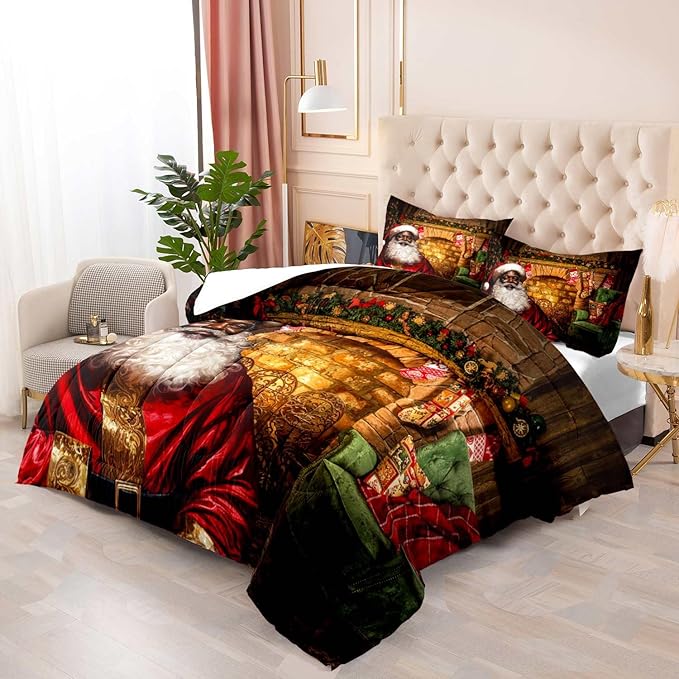 LUVIVIHOME 3PCS Christmas Comforter Set, King Size, Funny Black Santa Claus Bedding, Xmas Merry Christmas Bedroom Decor for Kids Boys Girls Teens, African American Decorations, 1 Pillow Case