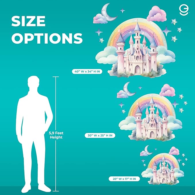 CRYPTONITE Rainbow Wall Decal for Girls Bedroom | Watercolor Castle Vinyl Sticker for Nursery Wall Decor | Cute Stickers for Kids Room, Windows, or Furniture | 3 Sizes (Wide 30" x 26" Height (Medium))