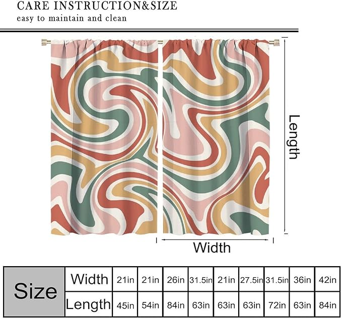 70S Abstract Wavy Swirl Curtain for Bedroom Windows,Retro Boho Minimal Teen Girls Kids Living Room Restroom Window Treatments Drapes 72"" W X 63"" L, Style-4