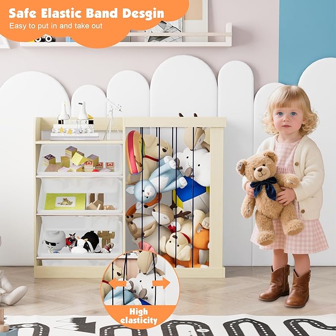 NACHES Kids Toy Organizer and 4-Tier Montessori Bookshelf with 3 Bins, 3-in-1 Toy Shelves and Stuffed Animal Storage for Playroom, Nursery, Baby Room (Burlywood)