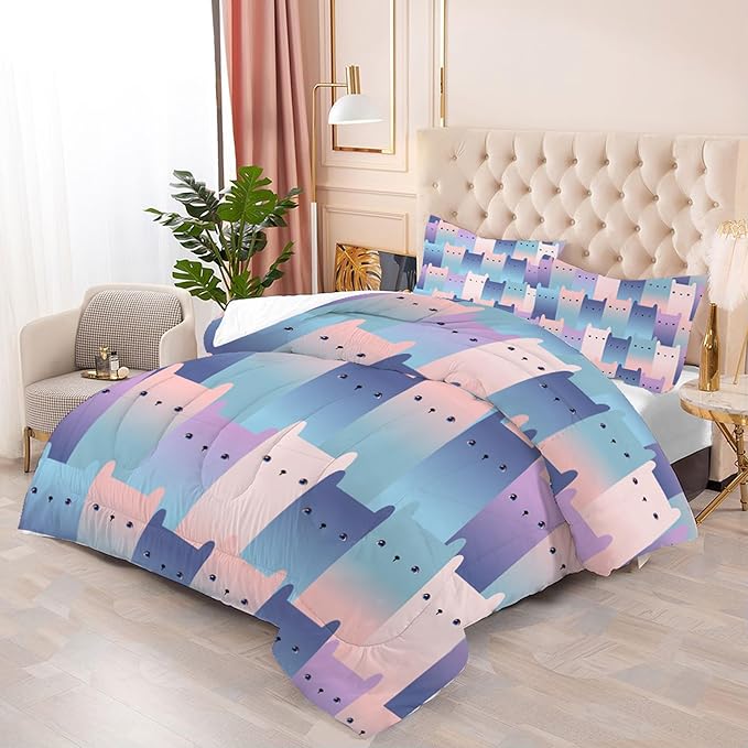 Cat Comforter Set King: Blue Purple Kawaii Cats Bedding Set for Women Men Adults King Size Gradient Cat Quilts Cute Pink Kitten Bed Sets 1 Comforter & 2 Pillowcases