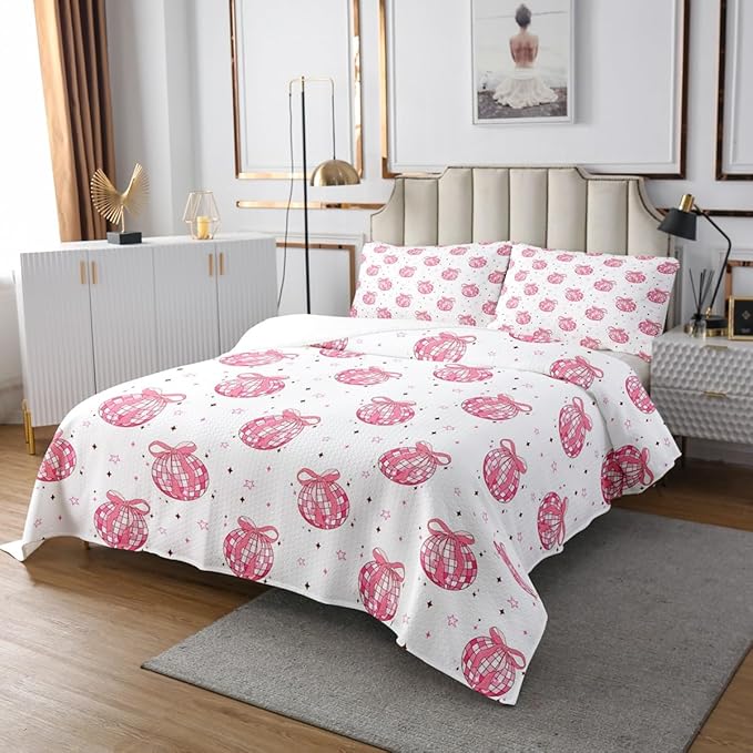 Bow Tie Princess Bedspread King Size,Western Cowgirl Disco Crystal Ball Dreamy Coverlet Set,Girls Women Room Decor,Star Bowknot Patchwork Romantic Quilted Coverlet,Pink Bedding Quilt,2 Pillowcases