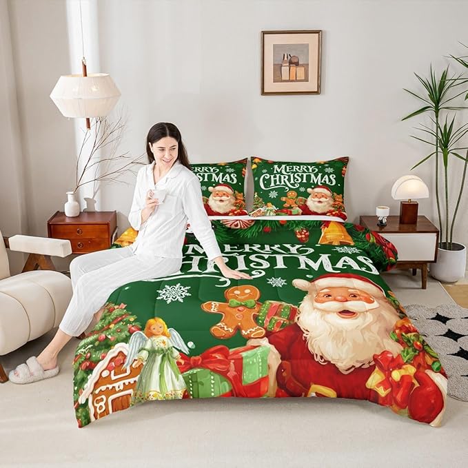 Feelyou Green Christmas Comforter Set All Season Santa Claus Bedding Set with 2 Pillow Cases Gingerbread Microfiber Kids King Bedclothes Bedroom Decor Duvet Quilt Breathable Soft