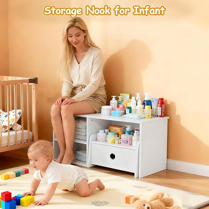 Kids Bookshelf with Bench, Toddler Table with Reading Nook, Montessori Shelf with Fabric Drawer, Toy Organizers and Storage for Kids Rooms, Nursery, Playroom, Bedroom, White