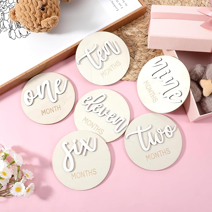 6 Pcs Baby Monthly Milestone Signs, Double Sided Wooden 3D Milestone Markers Disc from 1-12 Months 4 Inch Newborn Age Announcement Sign for Photo Props (White)