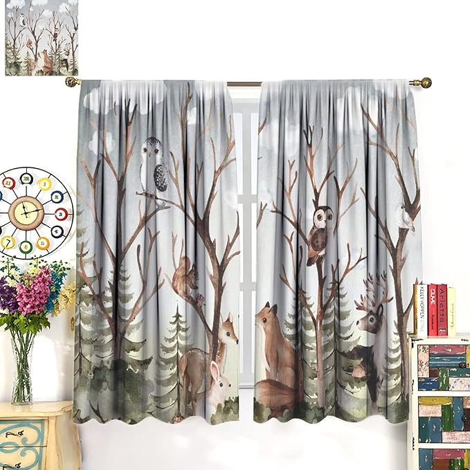 Forest Curtains, Cartoon Woodland Animals Tree Birds Moose Rabbit Mushroom Print Pattern Kids Bedroom Window Treatments Curtains 72x63in