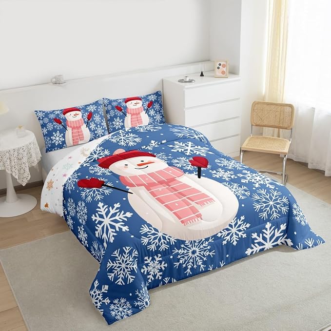 Feelyou Christmas Comforter Set King Size Snowman Blue Bedding Set for Kids Boys Girls Xmas Snowflakes Duvet Quilt Winter Snow Bedroom Decor Microfiber 3 Pcs with 2 Pillow Cases