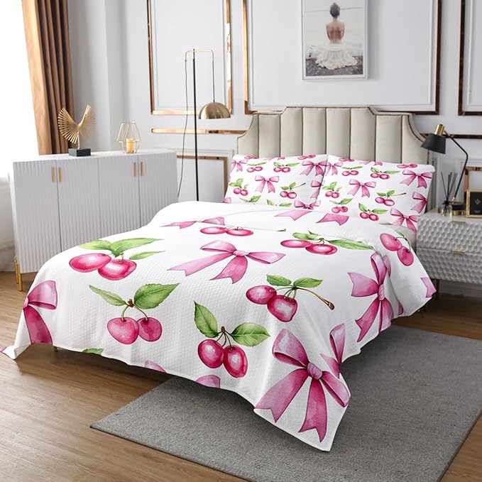 Manfei Pink Bowknot Kids Bedspread Twin Size,Cherry Tropical Fruit Bow Patchwork Coverlet Set,Girls Women Room Decor,Bow Tie Butterfly Knot Princess Quilted Coverlet,Dreamy Bedding Quilt,1 Pillowcase