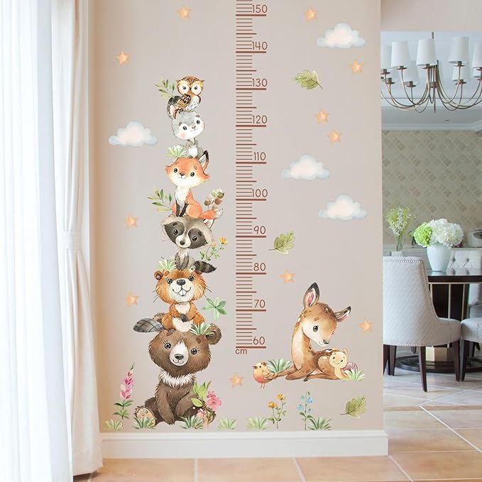 Cartoon Animal Height Growth Chart Wall Sticker for Kids Room Jungle Wild Animals Height Chart Measurement Wall Decals Removable White Clouds Star Garden Plants Grass Wall Murals for Kids Nursey Decor