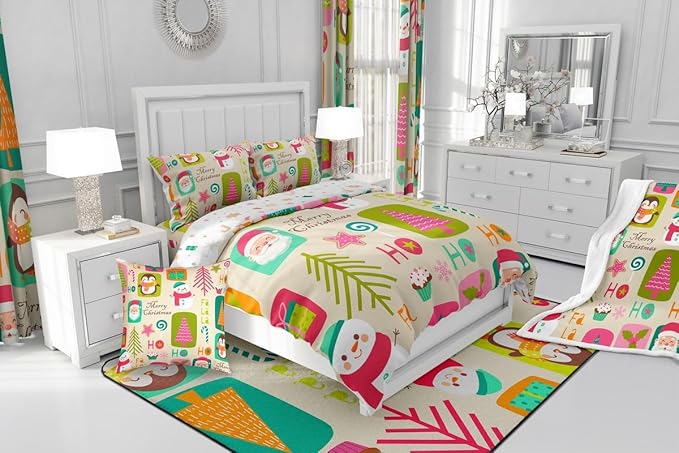 Erosebridal Xmas Decor Quilts Kids Santa Claus Christmas Tree Comforter Set Boys Girls Bedroom, Cartoon Snowflake Bedding Set Cute Snowman Down Comforter Full Size