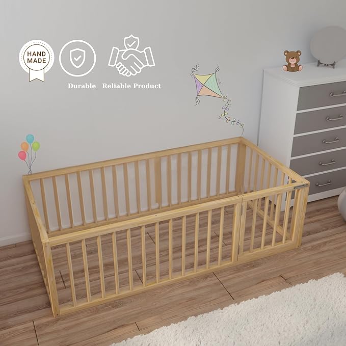 Montessori Floor Bed with Door On The Right Side for Toddler | Pine Wood Natural Solid Frame Beds | Sturdy Modern Design Floor Bed Frame for Boy and Girls (Full, Height: 23.6 Inches)