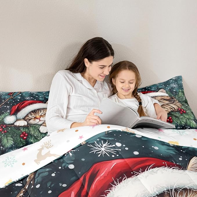 Cute Cat Kids Comforter Set Twin Size,Winter Holly Berry Snowflake Bedding Set Boy Girl Room Decor,Animal Merry Christmas Poinsettia Quilt Comforter,Dark Green Duvet Set Bedroom Quilt Set,1 Pillowcase