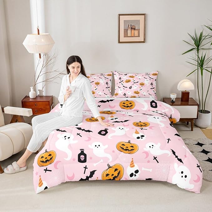 Erosebridal Pink Halloween Comforter Set Cute Ghost Bedding Set Toddler Size,Spooky Pumpkin Bat Decor Quilt for Kids Boys Girls Adults Vintage Halloween Decorations Down Comforter