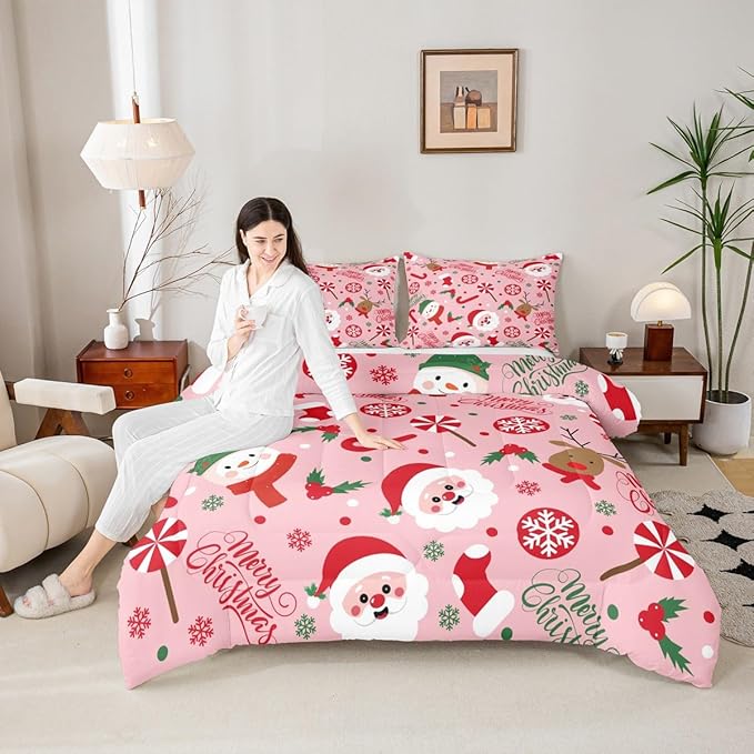 Feelyou Merry Christmas Kids Comforter Set Toddler Size Santa Claus Snowman Bedding Set Deer Berries Duvet Quilt for Kids Boys Girls Bedroom Snowflake Decor Microfiber Ultra Soft Breathable