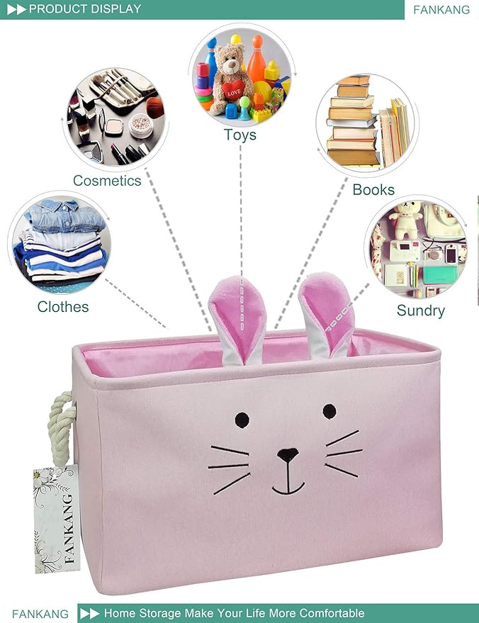 FANKANG Rectangular Fabric Storage Bin Box Laundry Basket with Dinosaur Prints for Nursery Storage, Storage Hamper, Gift Baskets (Pink Rabbit)