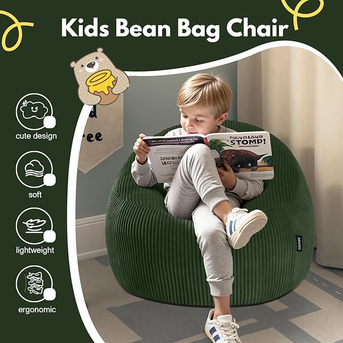 COMAX Bean Bag Chairs for Kids, Toddler BeanBag Sofa with Filler Bean Couch Stuffed for Boys and Girls, Lazy Floor Chair for Playroom, Nursery Room, Green