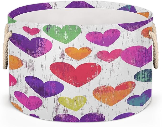 Colorful Hearts Pattern Round Storage Basket for Laundry & Toys, Lightweight Fabric Laundry Hamper with Handles, Foldable Large Organizer Bin for Bedroom Bathroom Nursery Dorm