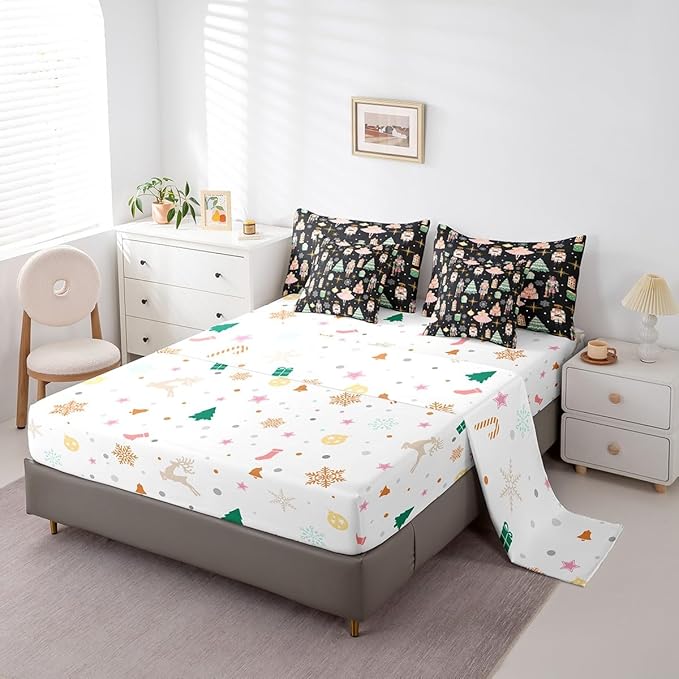 Erosebridal 7Pcs Black Christmas Comforter Set Queen Size,Nutcracker Bedding Set,Xmas Snowflake Stars Bed in A Bag,Romantic Princess Castle Quilt with Flat Fitted Sheet