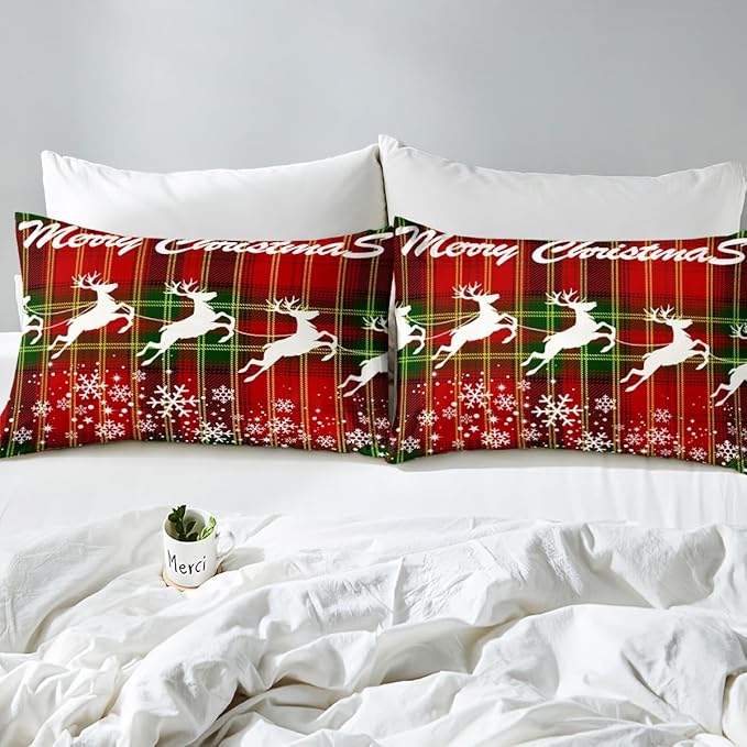 Manfei Christmas Duvet Cover Set Full Size, Deer and Snowflake Print Comforter Cover with 2 Pillowcases, Green Red Plaid Bedding Set 3pcs for Kids Boys Girls Lightweight Bedspread Cover,No Comforter
