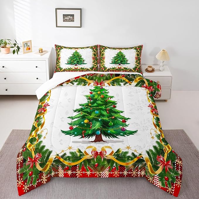 Christmas Tree Comforter Set King Size,Merry Christmas Duvet Insert for Kids Boys Girls Room Decor,Snowflake Bowknot Green Pine Leaves Bedding Set 3Pcs,Xmas Plaid Patchwork Quilt Set,2 Pillowcases