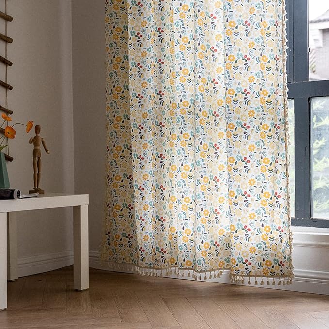 ENJOYBRIDAL Floral Curtains 84 Inch Length 2 Panels Tassel Boho Semi-Sheer Drapes Bedroom Living Room Farmhouse Rustic Country Yellow Green Flower Rod Pocket Cotton Linen Blend Window Curtain Panel