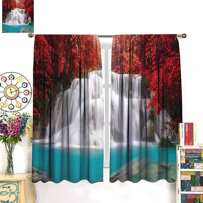 Red Forest Waterfall Blackout Windows Curtains, Tree Landscape Woodland Scenic Nature Fall Scenery Art Printed Curtains, for Living Room Bedroom 42x63in 2 Panels
