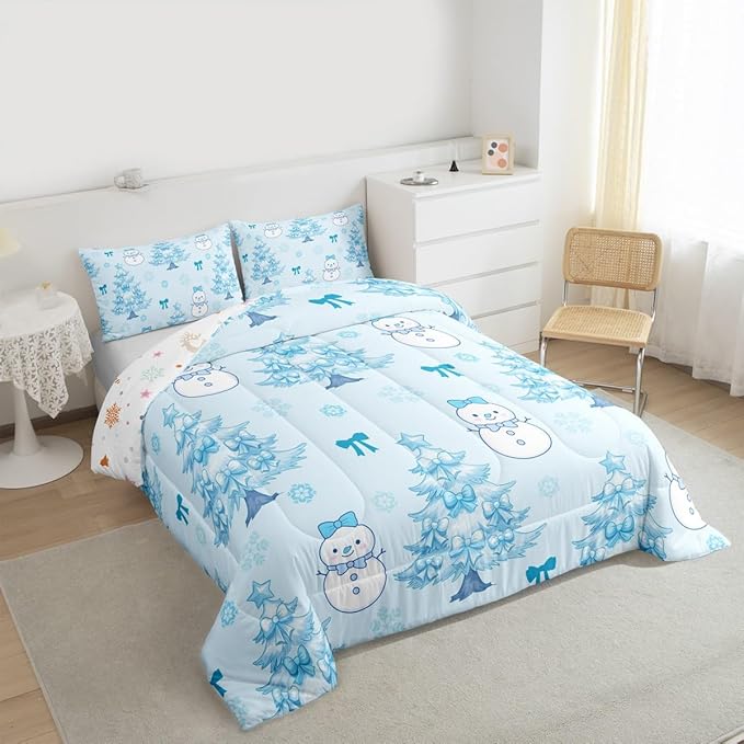 Feelyou Merry Christmas Comforter Set King Size Cute Snowman Bedding Set for Kids Boys Girls Cartoon Bowknot Duvet Quilt Christmas Tree Microfiber 3 Pcs with 2 Pillow Cases