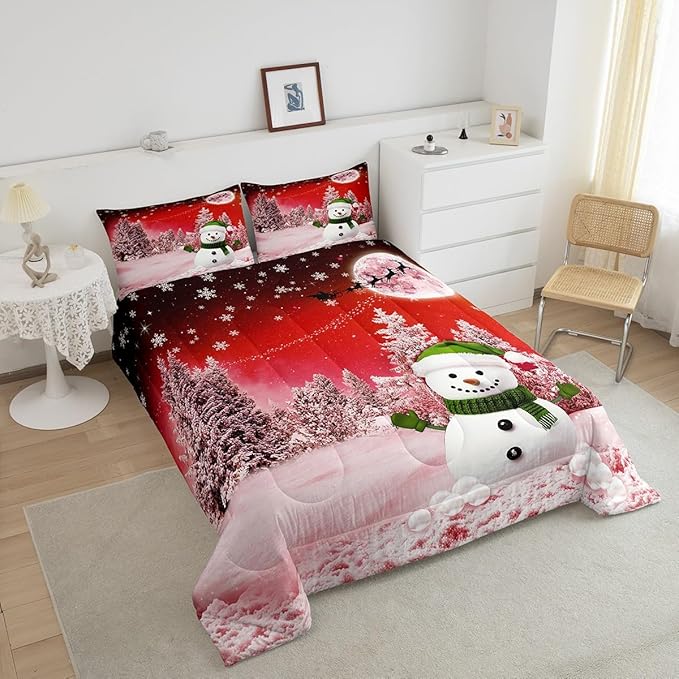 Feelyou Kids Merry Christmas Decorations Full Size Comforter Set Xmas Snowman Bedding Set Red Quilt Set Soft Warm Lightweight Duvet Set